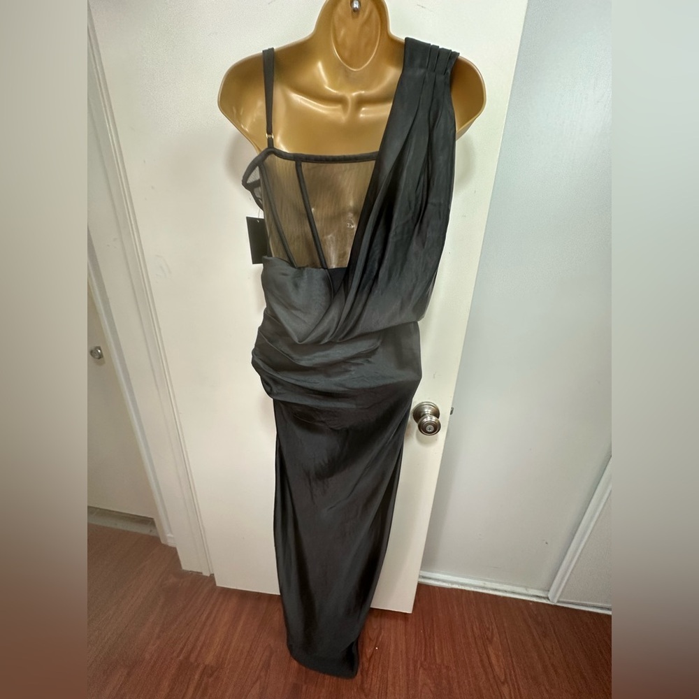 JLUXLABLE Black Anastacia‎ Satin Corset Drapy OneShoulder Front Slit Dress NWT S - Picture 7 of 16